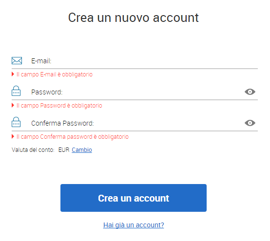 Modulo di creazione conto su Markets