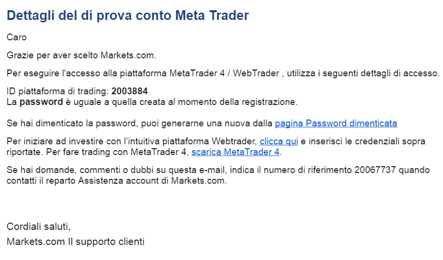 Email attivazione prova conto MetaTrader