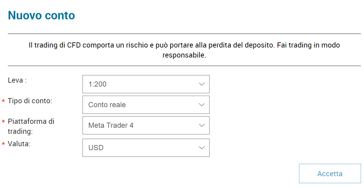 Terzo passo per attivare un conto demo MetaTrader 4 su Markets