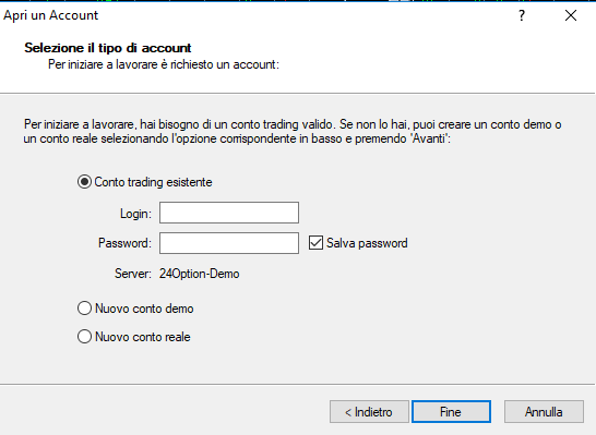 Dati login 24option per MT4