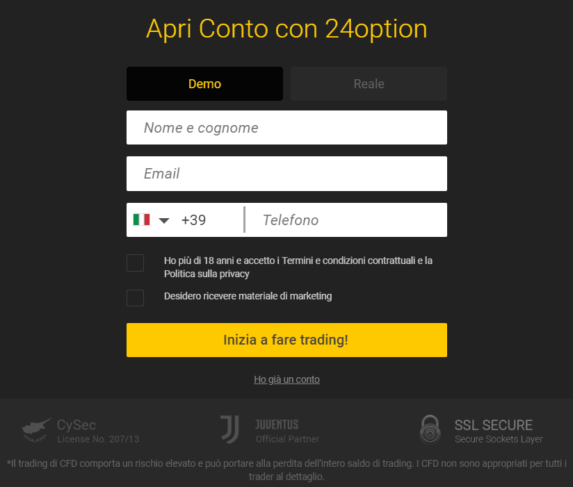 Schermata di registrazione a 24option