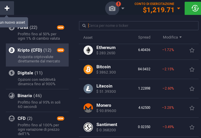 Come selezionare Monero su IQ Option