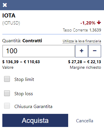 I dettagli dell'ordine di trading IOTA su Plus500