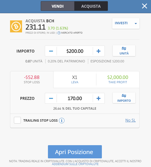 Finestra dell'ordine di acquisto di Bitcoin Cash su eToro