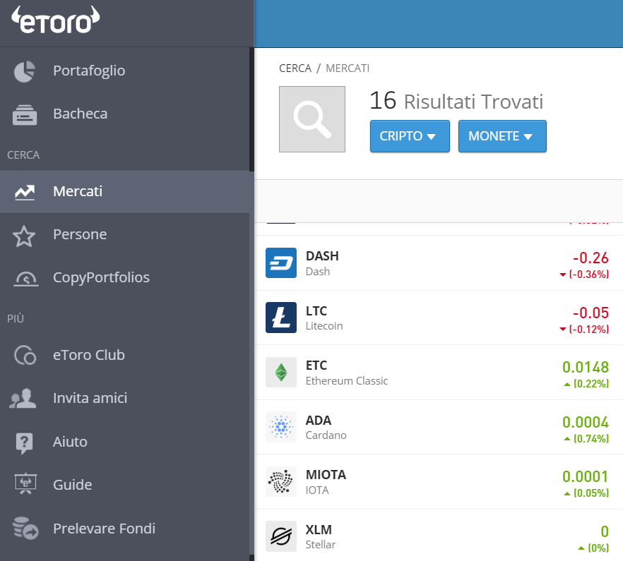 La lista delle criptovalute con Iota su eToro