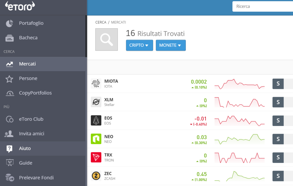 La lista delle criptovalute con Tron su eToro