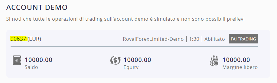 il numero del conto demo su ROInvesting