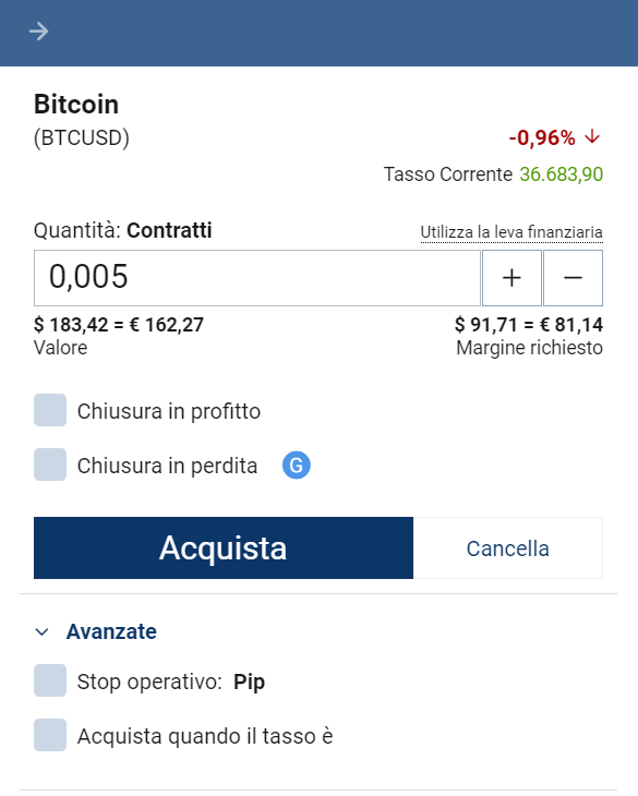 La finestra dell'ordine di trading bitcoin su Plus500