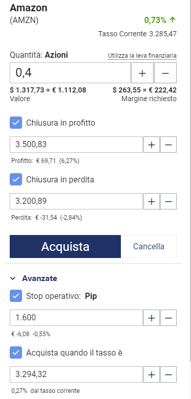 La finestra dell'ordine sulla demo di Plus500