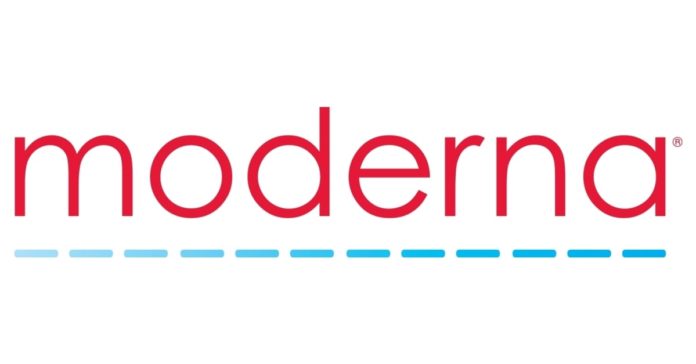 Il logo di Moderna le cui azioni sono salite per via del vaccino