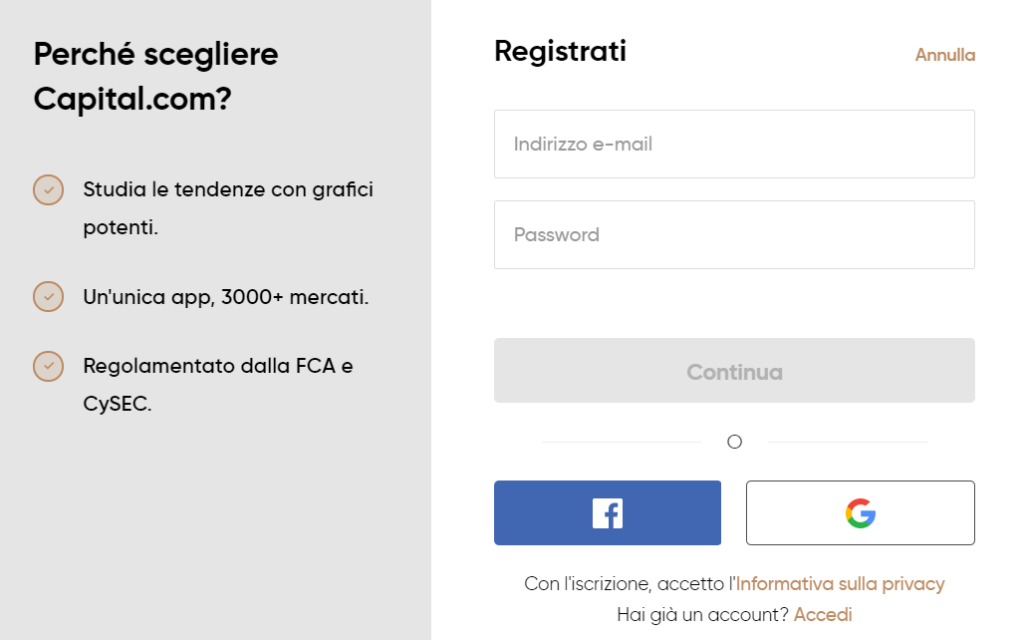 Il modulo d'iscrizione a capital.com