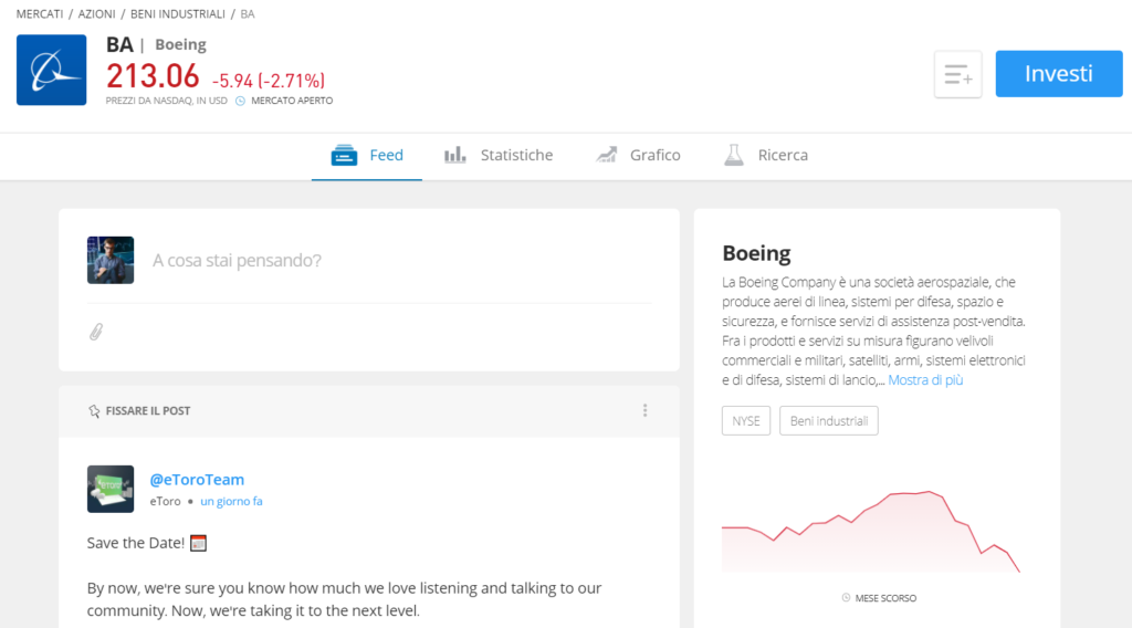 Pagina dedicata alle azioni Boeing su eToro