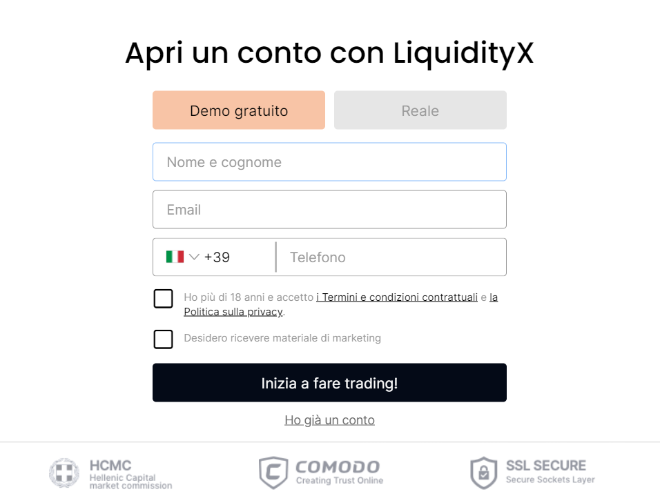 il modulo di registrazione di LiquidityX