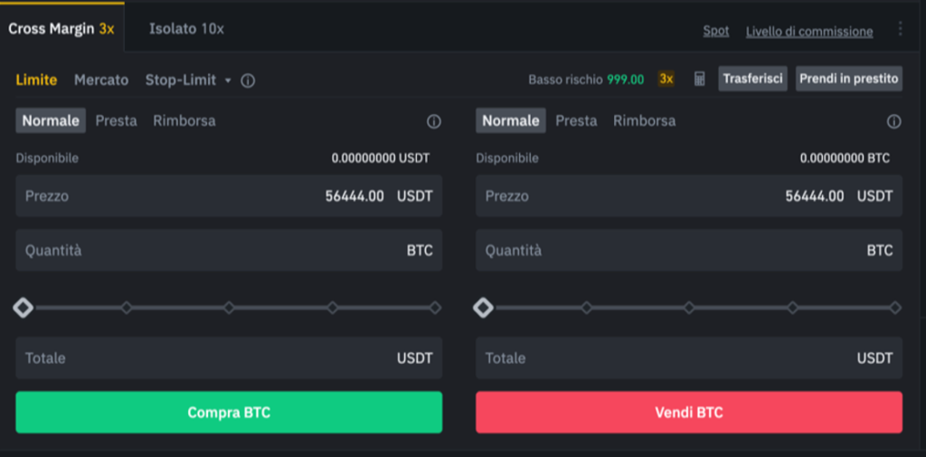 La finestra dell'ordine in Binance